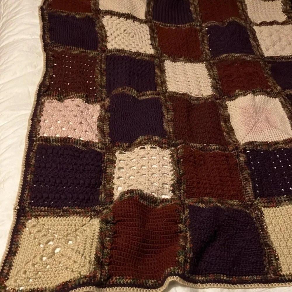 Handmade knit and crochet granny square wool  afghan 58” square